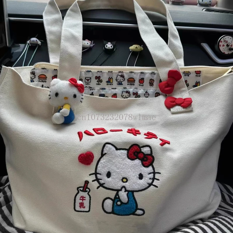 Cartoon Women Hello Kitty Embroidered Canvas Bag Large Capacity Tote Bag Shopping Bag Portable Shoulder Handbag Gift for Girls