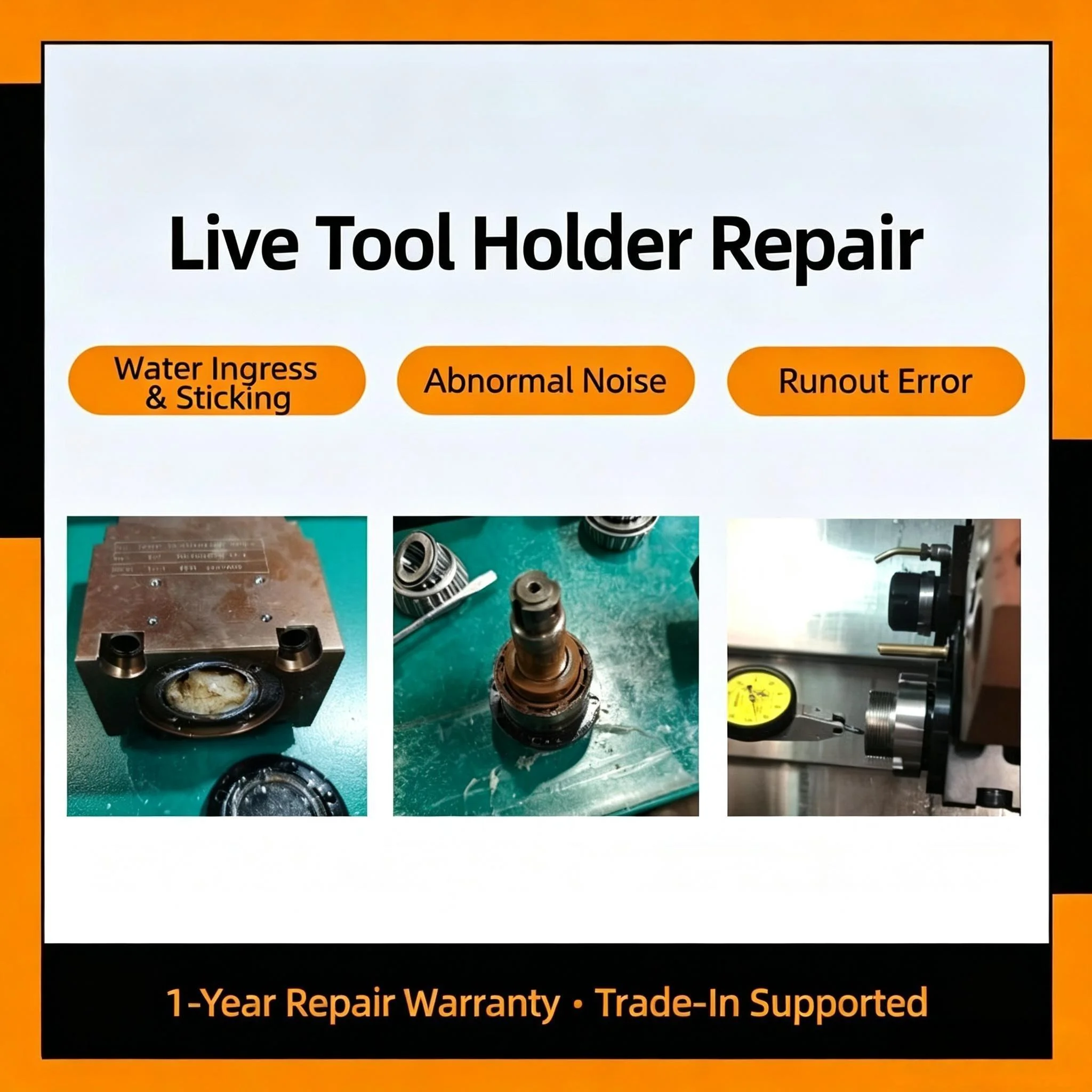 BMT Live Tool Holder Repair Service CNC Lathe Driven Tool Block Maintenance Fix Water Inflow Runout Noise Bearing Jamming 12 Mon