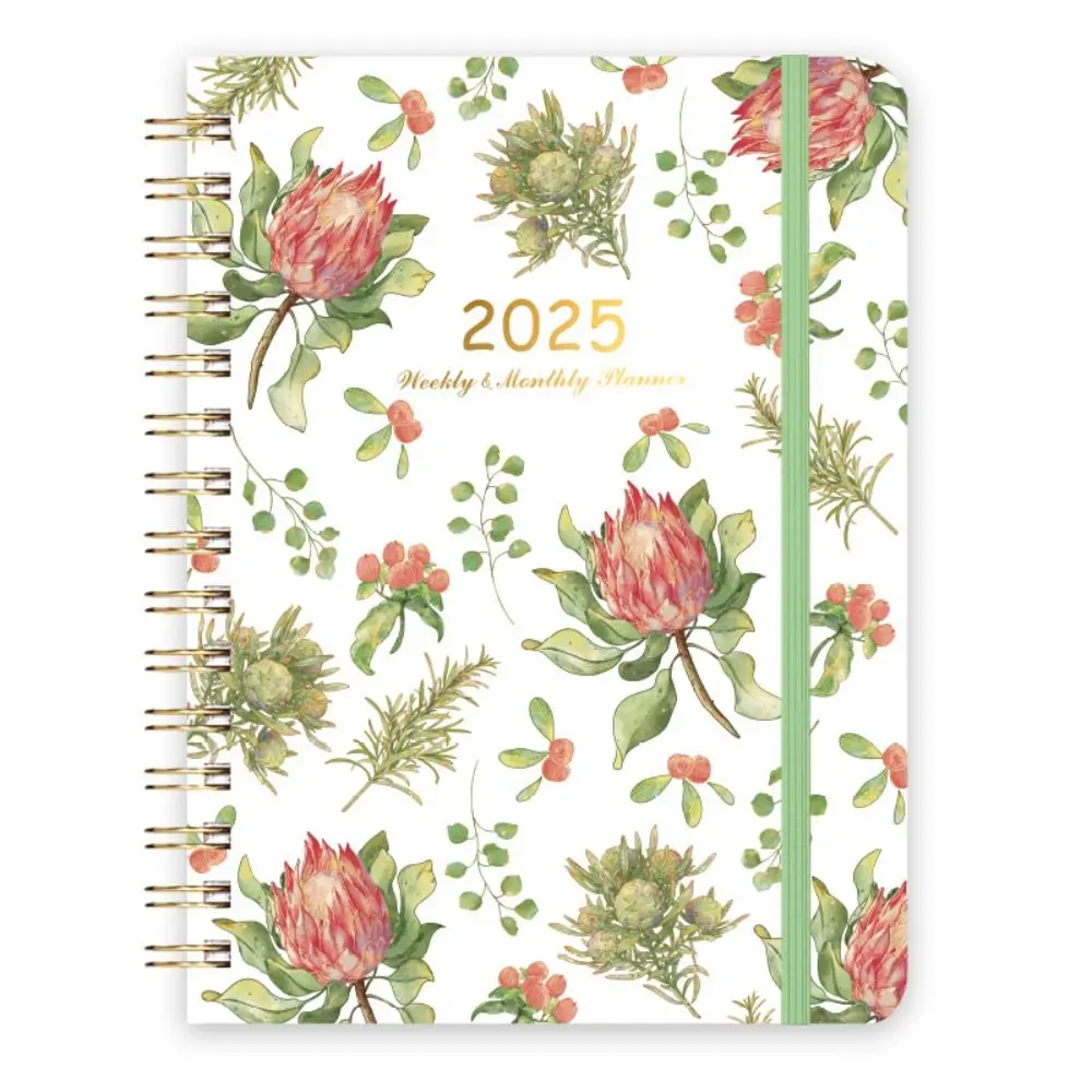 Monthly 2025 English Agenda Book Weekly Plan Planner Organizer Flowers Diary Notebook To Do List Loose-leaf Coil