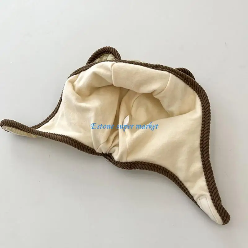 090B قبعة صغيرة دافئة لطيف الدب آذان مبطن بونيه قبعات الطيار الناعمة للبنين والبنات #5