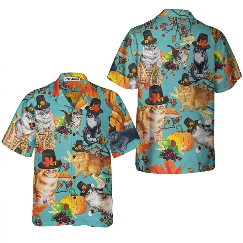 Chemises hawaïennes à motif de chat tropical unisexe, chapeaux de père Noël College en 3D, chemise de plage décontractée, chemise à revers surdimensionnée à manches courtes, été