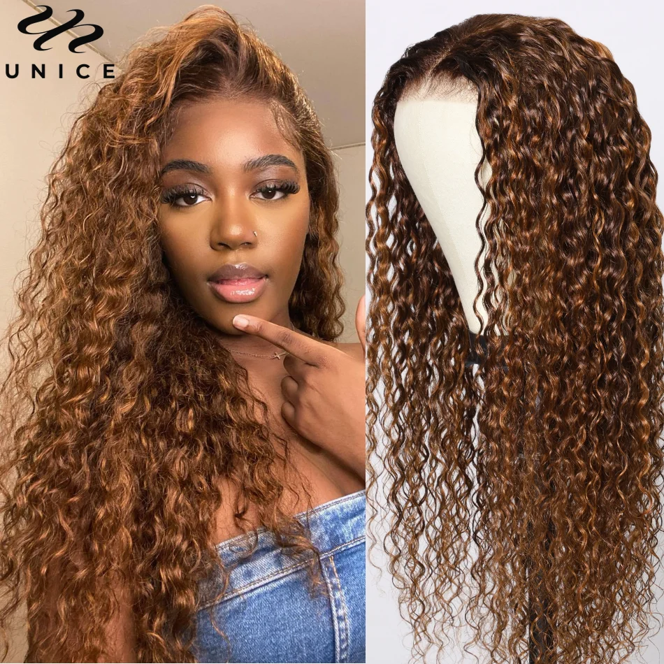 UNice Brown Highlight Water Wave 13x4 Lace Frontal Wig Pre Cut Pre Bleached Pre Plucked Human Hair Lace Front Wig Ready To Wear