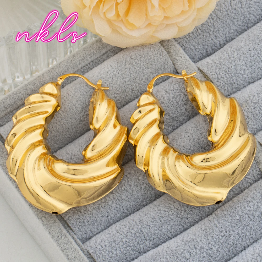 

African Chunky Big Earrings Geometry Gold Color Large Hoop Earrings Exaggerated Vintage Jewelry For Dubai Wedding Party Gifts