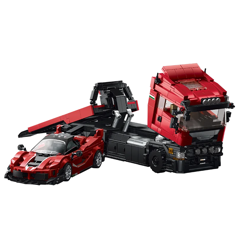 12GO95002 Scania trekker, Ferrari sportwagen, educatief bouwsteenspeelgoed, cadeau voor jongens en meisjes