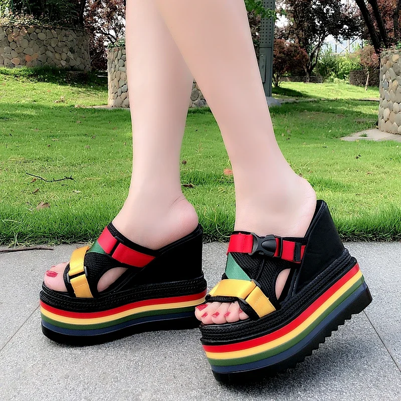 Women Platform Sandals Peep Toe Wedge Heel Mules Summer Sexy Sandals for Woman Super High Black Leather Slides slippers