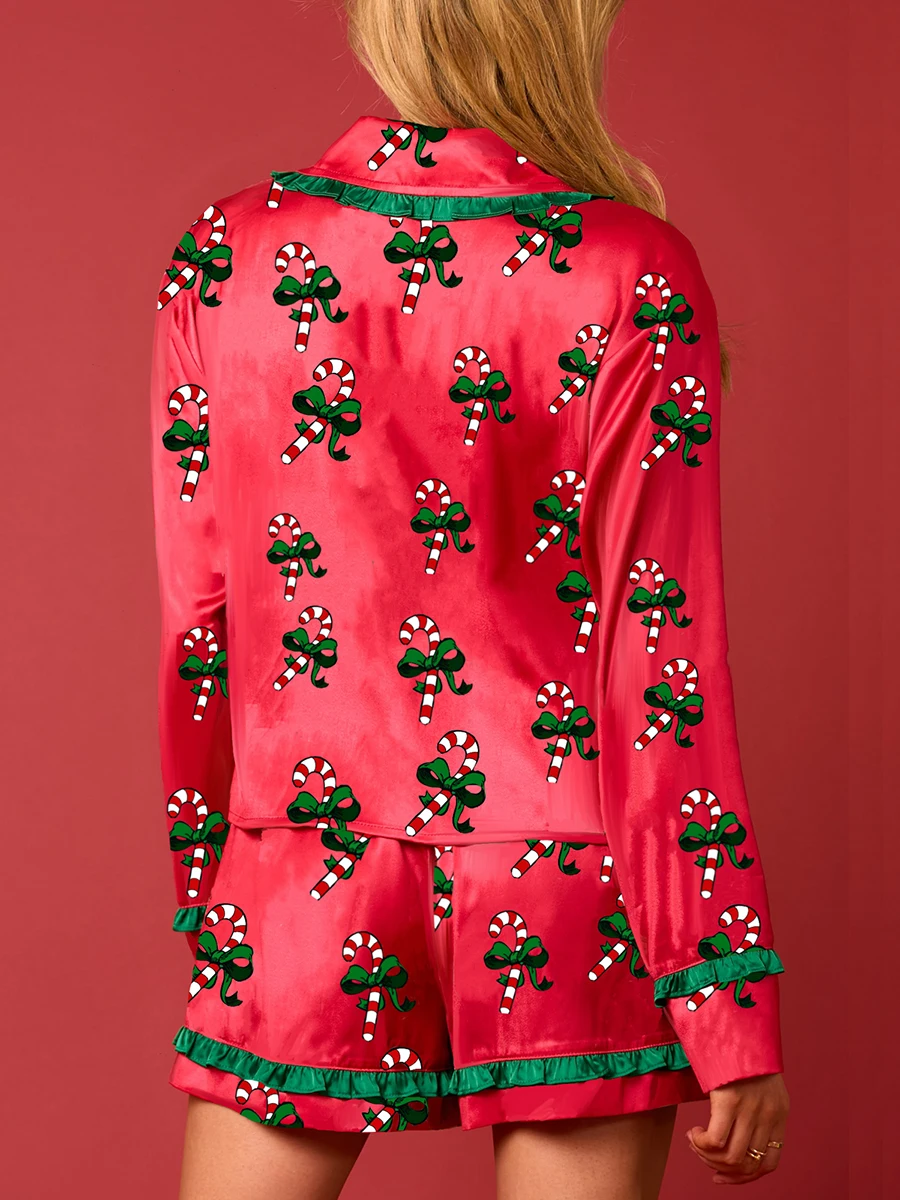 Women Christmas Pajamas Set 2 Pieces Loungewear Suits Candy Cane Cocktail Glasses Print Shirts Tops And Shorts Sleepwear Outfits