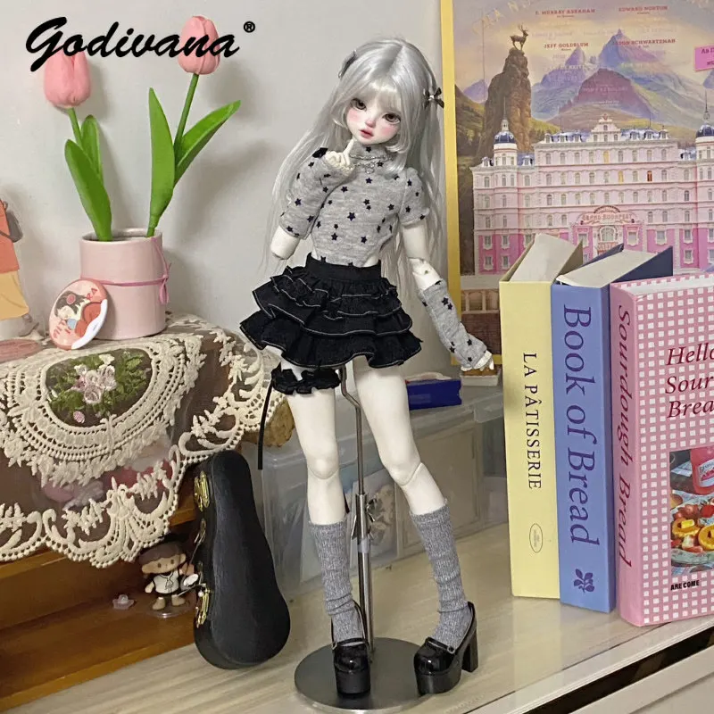 1/4 BJD Doll Clothes Y2K Style Grey Star Printed Turtleneck Top with Arm Warmers and Black Layered Ruffle Skirt Doll Accessory