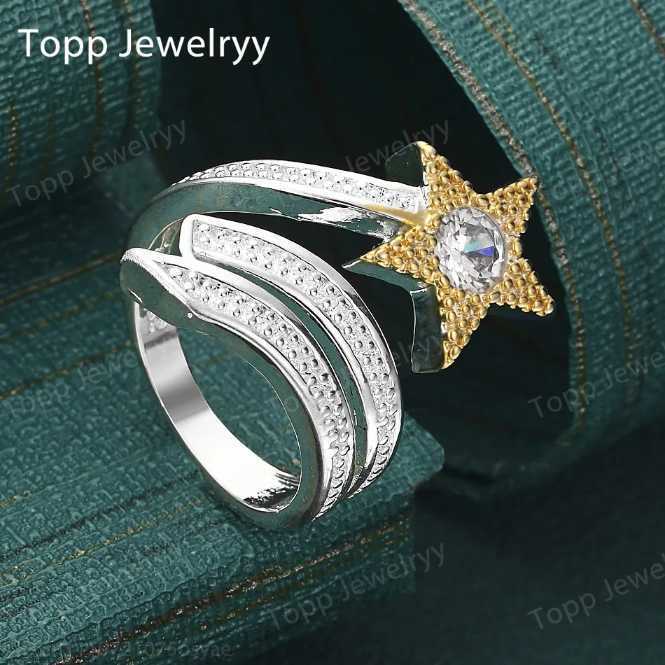 

925 Sterling Silver Charm Zirconia Star Open Ring Women Fashion Wedding Birthday Christmas Jewelry Gift