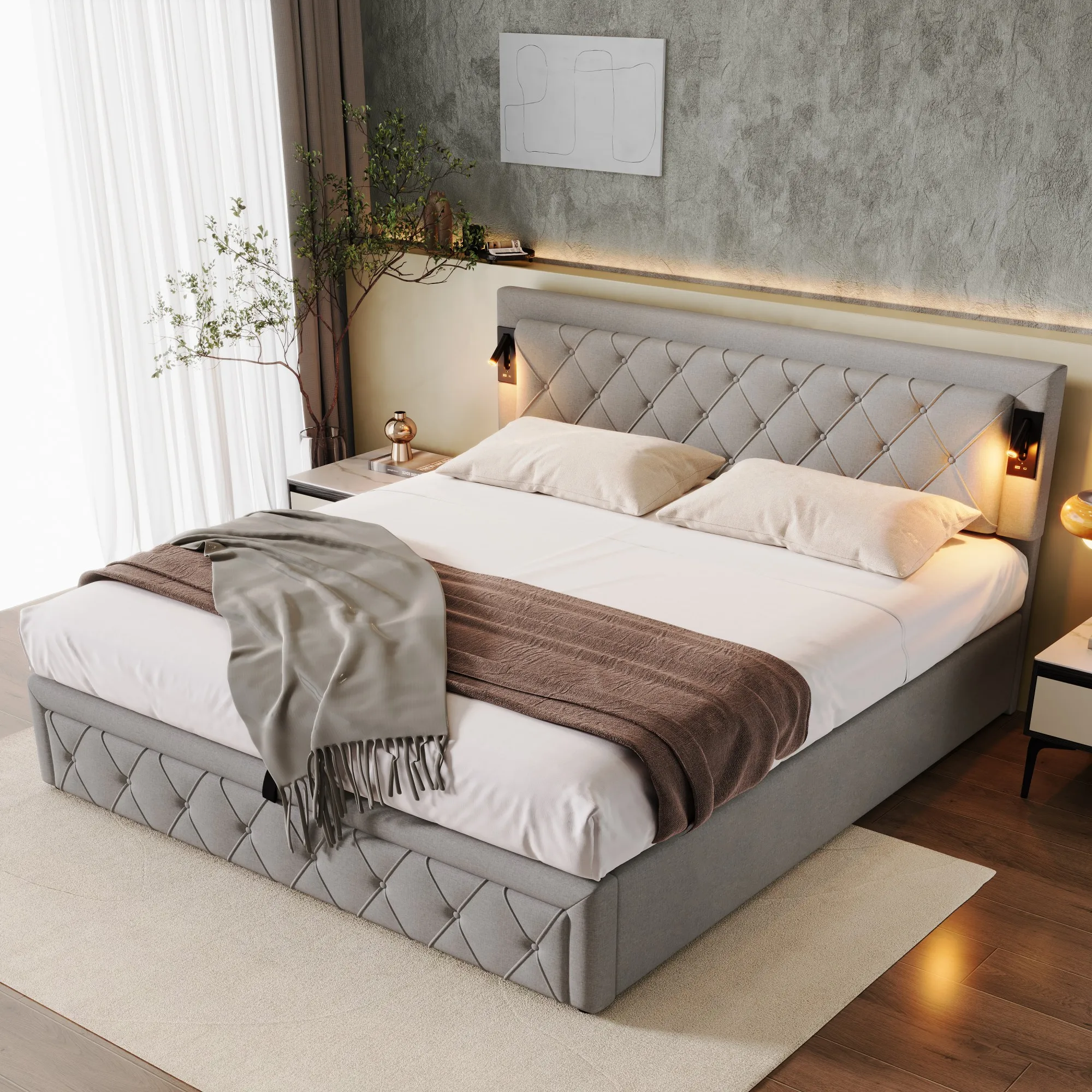 180x200 cm bed upholstery with downlight & USB interface, with slatted frame and Diamond stripe headboard, storage bed, Gray