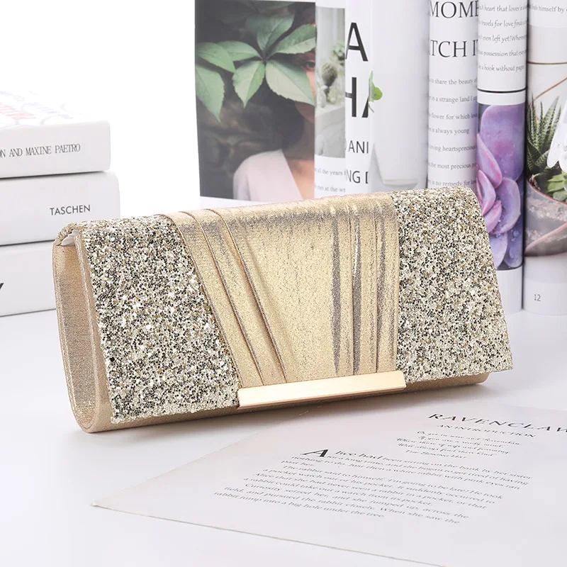 New European and American Shiny Dinner Bag Fashion Splicing Evening Dress Bag Metal Chain Shoulder Bag Bridesmaid Storage Bag