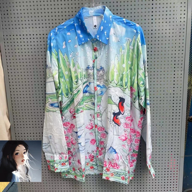 Camisa hawaiana de manga larga con estampado de rosa de cisne para hombres y mujeres, Tops finos de vacaciones de verano, ropa suelta