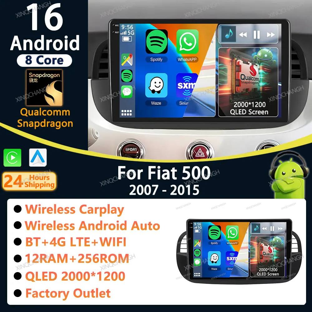 Android 16 Car Radio Carplay Auto For FIAT 500 2007 - 2015 Accessories Dash Fitting Panel Kit Player Audio Video Head Unit 2 DIN