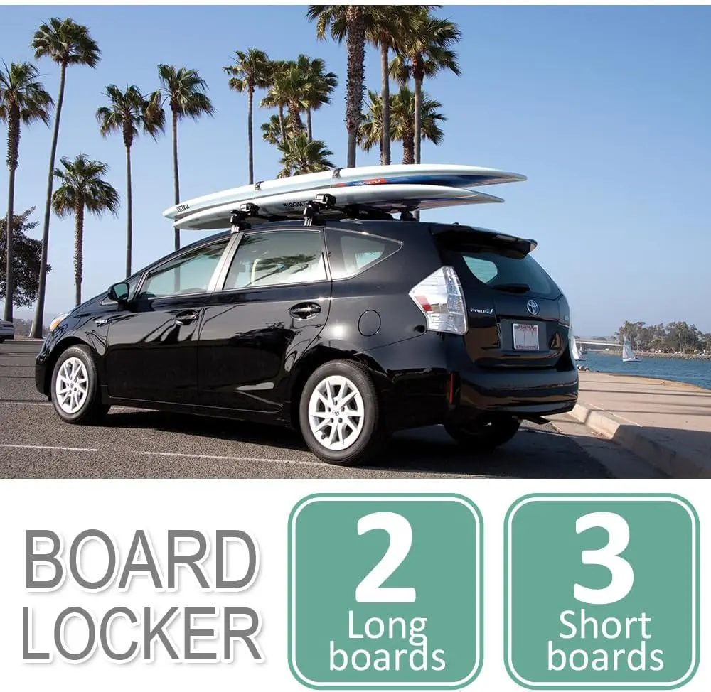 Locking Surfboard Roof Rack, Water Sport Car Top Mount, Silver, Holds 3 Shortboards or 2 Longboards