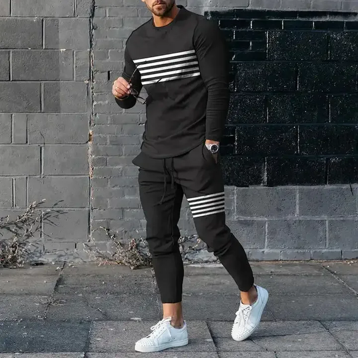 Men\'s Long Sleeve T-shirts and Pants Two Piece Black White Classical  3D Printed Men\'s Sets Casual Suit nike tech fleece