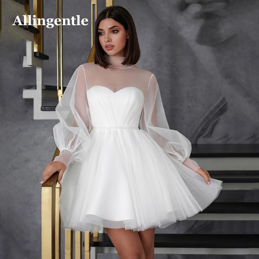 Allingentle Tulle Long Sleeves Homecoming Dresses for Party 2024 Short Wedding Gowns Fairy A-Line Lace-up Back Civil Mini Dress