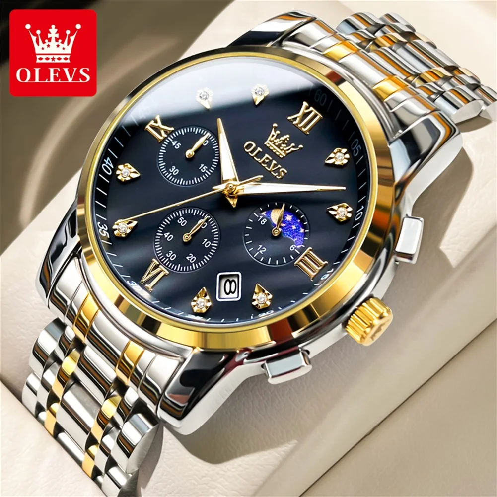 OLEVS 2858 Herenhorloge Luxe merk quartz horloge Multifunctionele chronograaf Waterdicht lichtgevend maanfasehorloge Trend herenhorloge