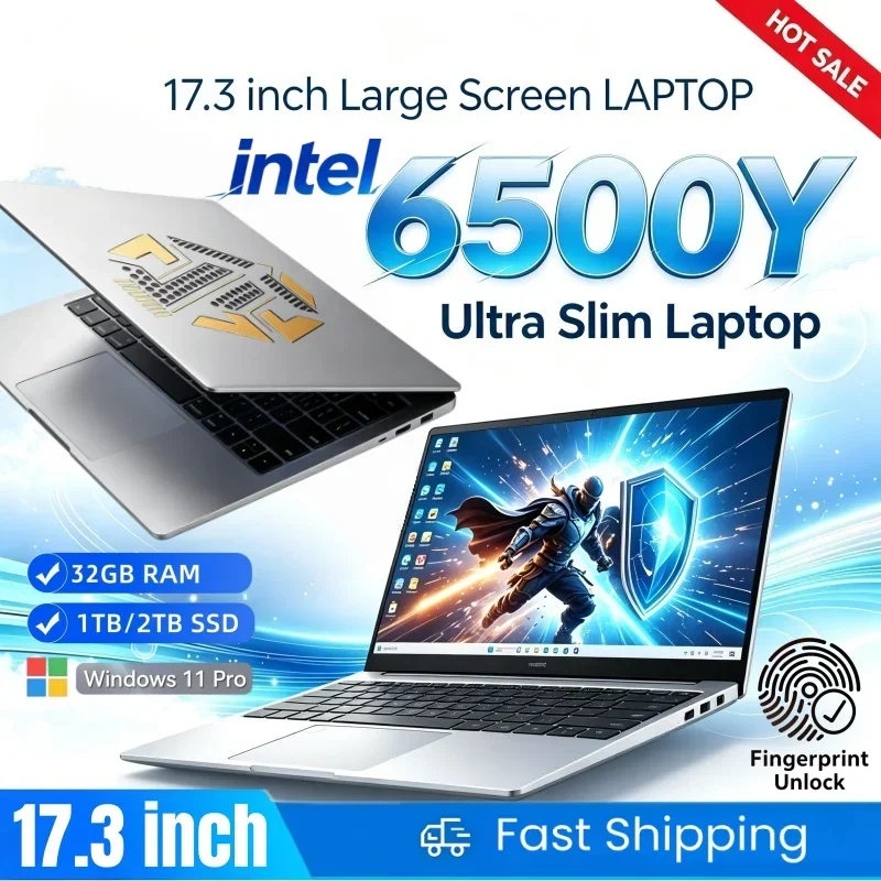 Laptop Intel 6500Y Slim 17.3 Inch Large Screen 16/32GB RAM 1/2TB BIG SSD Bright Windows11 Portable for Study Office