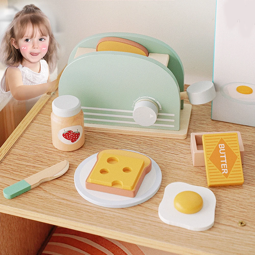 Wooden Toaster Toy Kids Bread Machine Kit Pretend Play Kitchen Toys Set Breakfast Educational Toys Gifts for Girls Boys