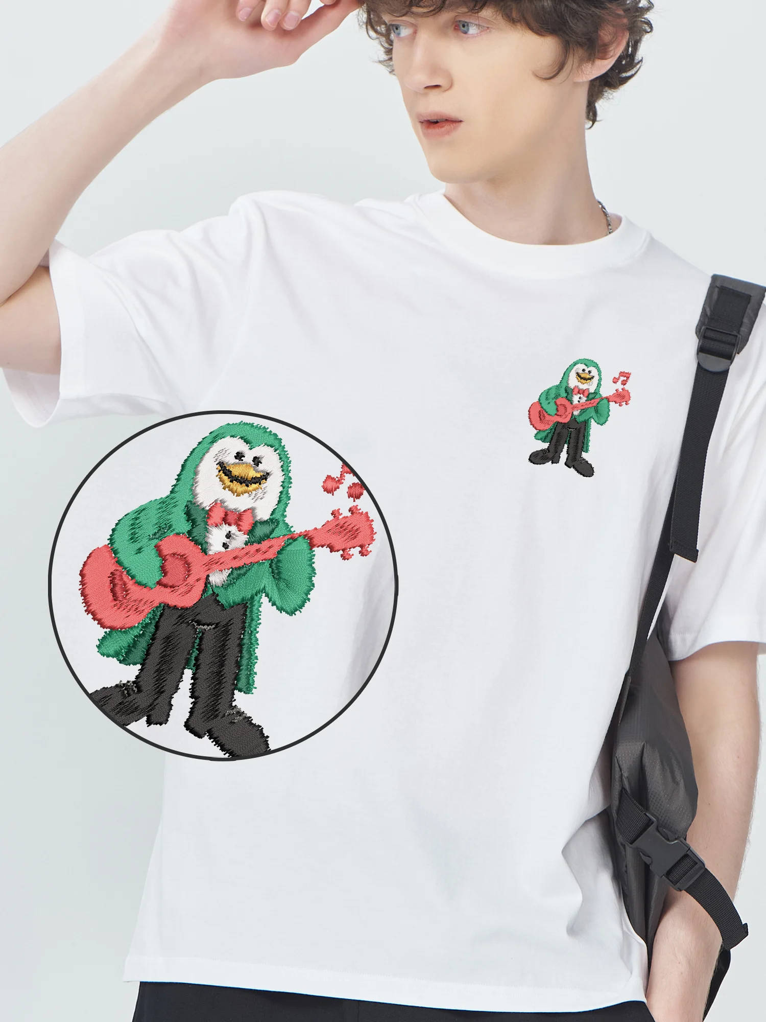 

Guitar Player Penguin Embroidered T Shirts Unisex Women Men Luxury Clothing Funny Gifts Funky Classic Embroidery Shirt