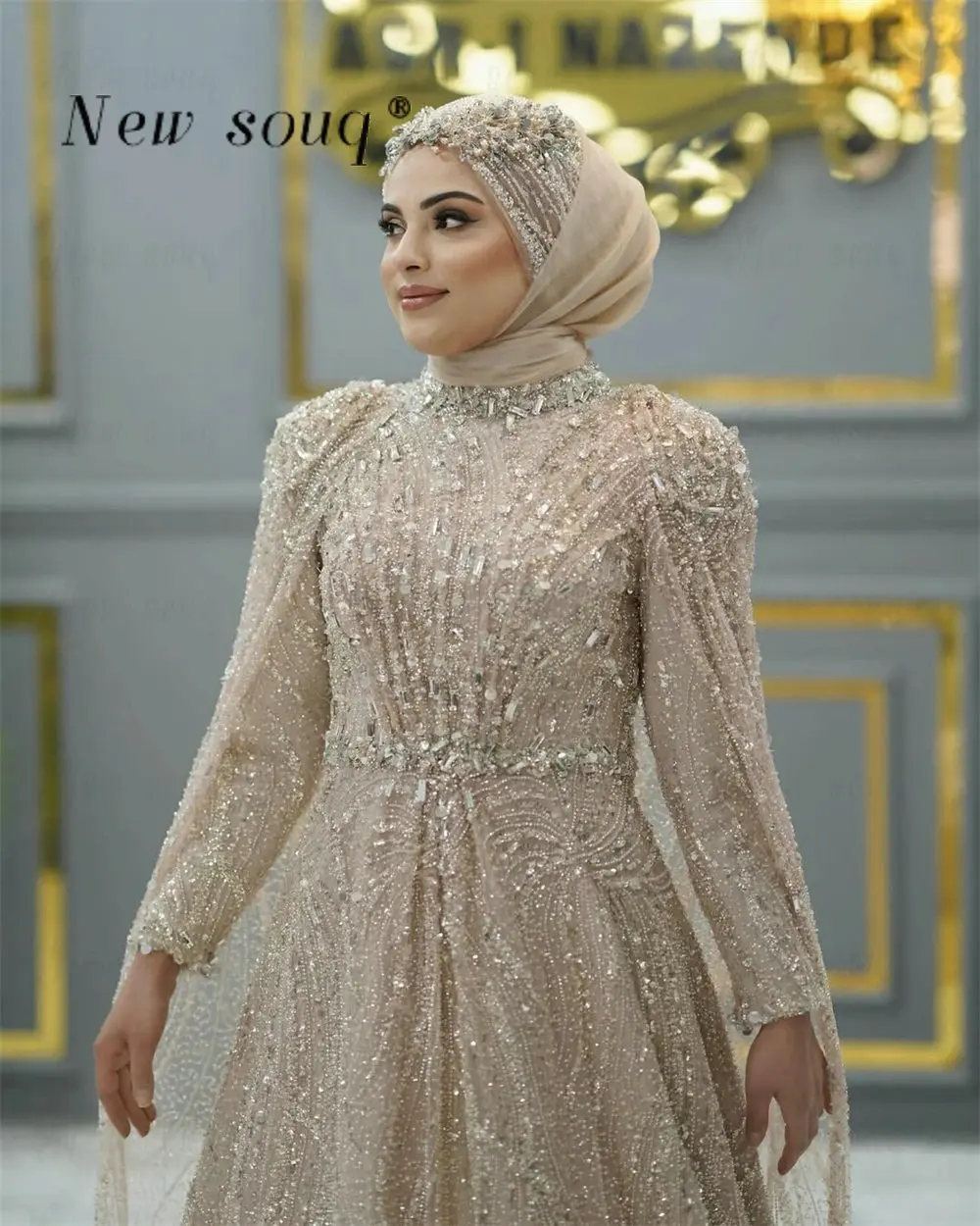 

Индивидуальные вечерние платья трапециевидной формы цвета шампанского с блестками и бисером с длинными рукавами и плащом Дубайские арабские мусульманские платья для женщин, вечерние