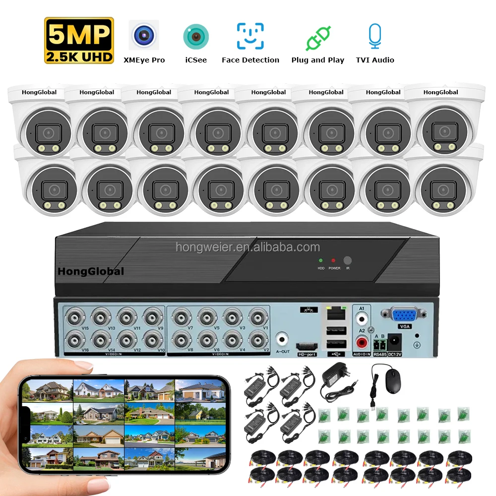 

HongGlobal 5MP 16 Channel AHD Video Surveil Home Camera DVR 16 Channel Set Security Indoor Outdoor CCTV Camera System