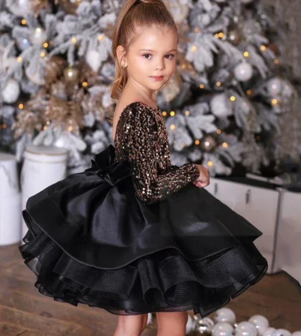 Robe de princesse vintage pour bébés filles, robes de marque Bling pour enfants, robe Tutu à manches longues pour enfants, fête de mariage et anniversaire, Everther