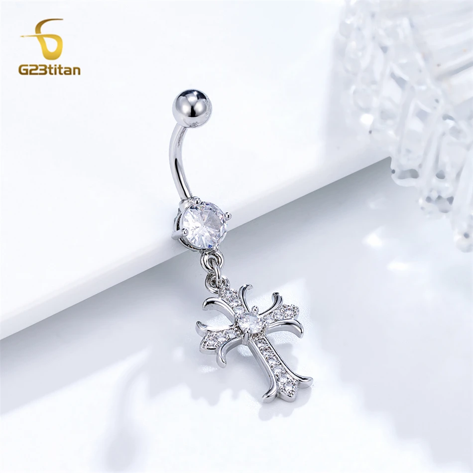 Shiny Silver Color Zircon Cross Dangle Belly Button Ring 14G Titanium Bar Navel Piercing Body Jewelry for Women Sexy Accessories