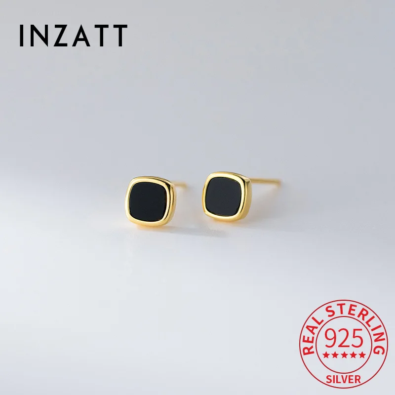 

INZATT Real 925 Sterling Silver Black Square 18K Gold Mini Stud Earrings for Women Classic Fine Jewelry Minimalist Accessory
