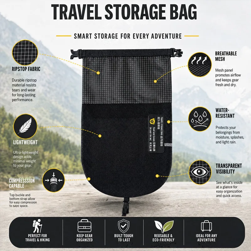 Mochila de Caminhada com Bolsa Externa para Calçados, Saco de Armazenamento em Malha Impermeável, Bolsa Expansível para Calçados e Equipamentos de Camping, Bolso Canguru