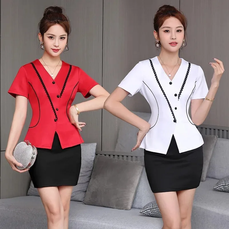 

Women Work Clothes Shirt Short Skirt Suit Hotel Waiter Beauty Salon Spa Massage Nail Cafe Foot Bath Technician Overalls Uniform