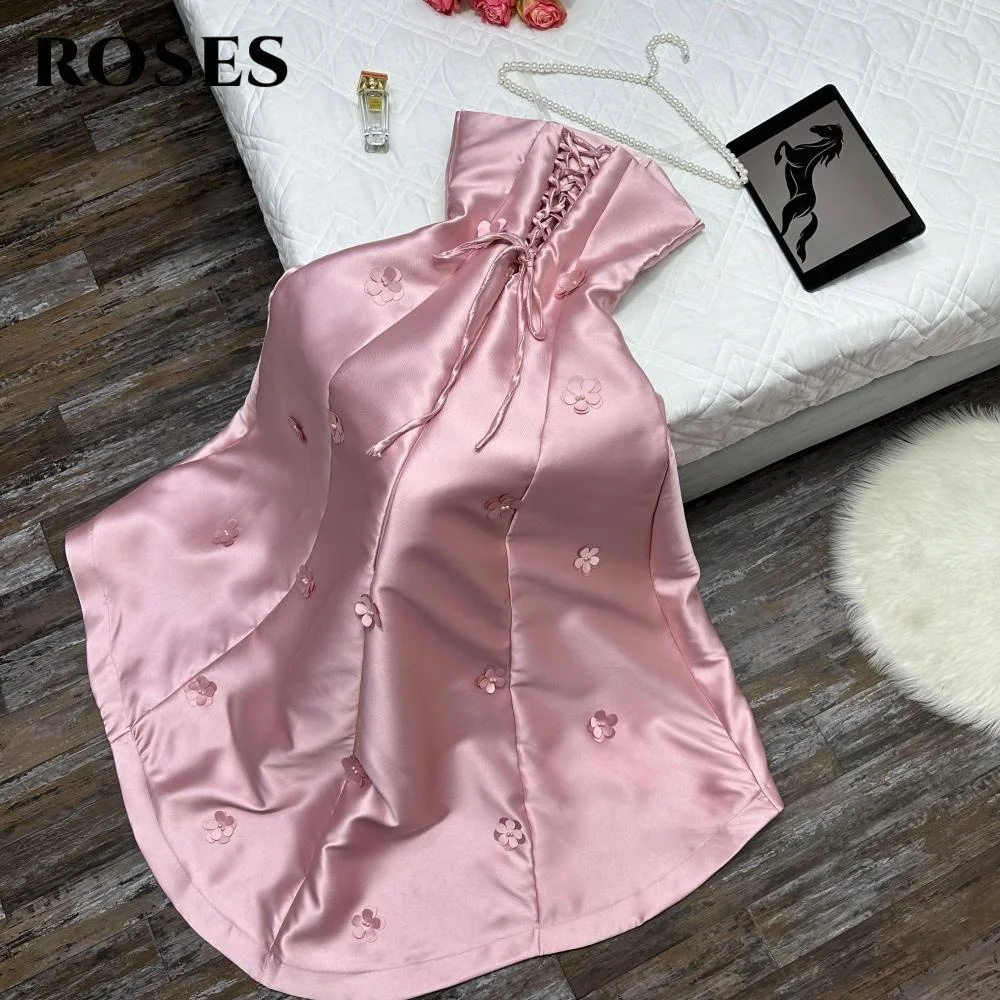 ROSES Roze Vlek Galajurk Strapless Elegante Celebrity Jurk met Applicaties 3D Bloem Plooien Dames Avondjurk Aangepast