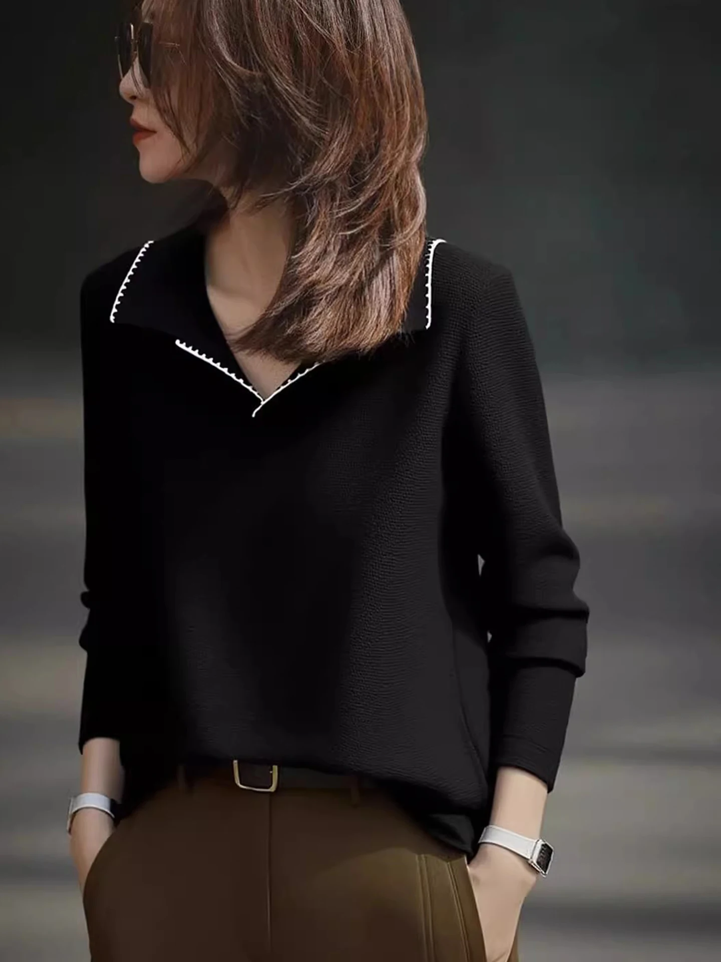 سترة نسائية محبوكة من Ele Long Sve بطبقة أساسية للتخسيس Sle Commute Faion قطع مستقيمة النسخة الكورية #5