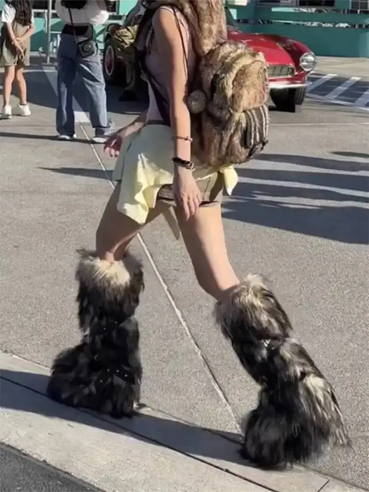 

Зимние субкультурные высокие меховые сапоги для женщин, зимние сапоги, длинные зимние сапоги на толстой подошве с нишевой подкладкой