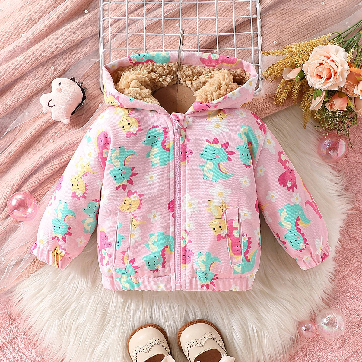 Baby Girl Winter Hooded Zipper Jacket,Allover Dinosaur Print,Slant Pockets,Fleece Lined Thick Warm,Long Sleeve Outerwear