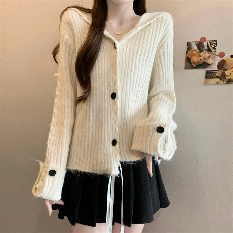 Korean Sle Navy Collar Asymmetrical Knitted Sweater Cardigan Faionable Women's Autumn Winter New Arrival Warmth Heating
