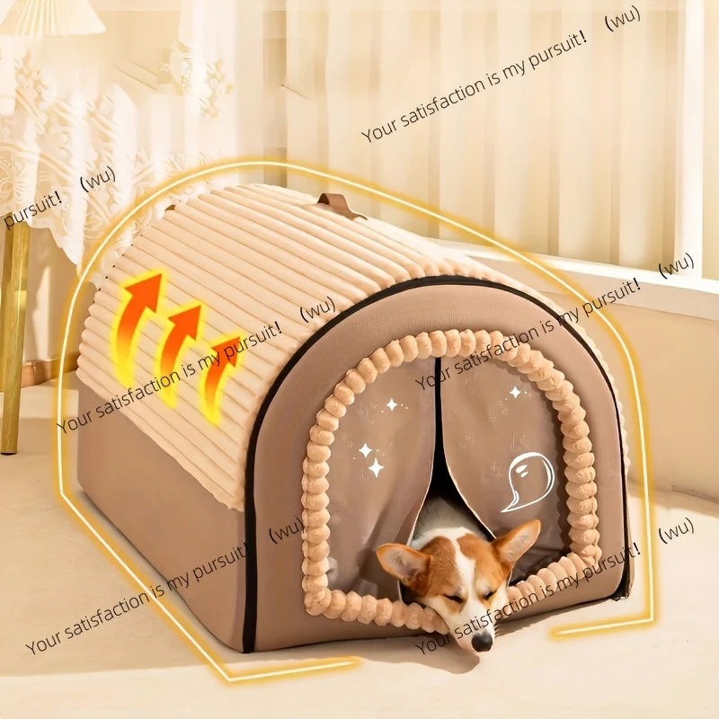 Enclosed Pet House with Door Curtain - All-Season Indoor Dog Bed & Cat Bed, Detachable Washable Warm Tent for Small Animals