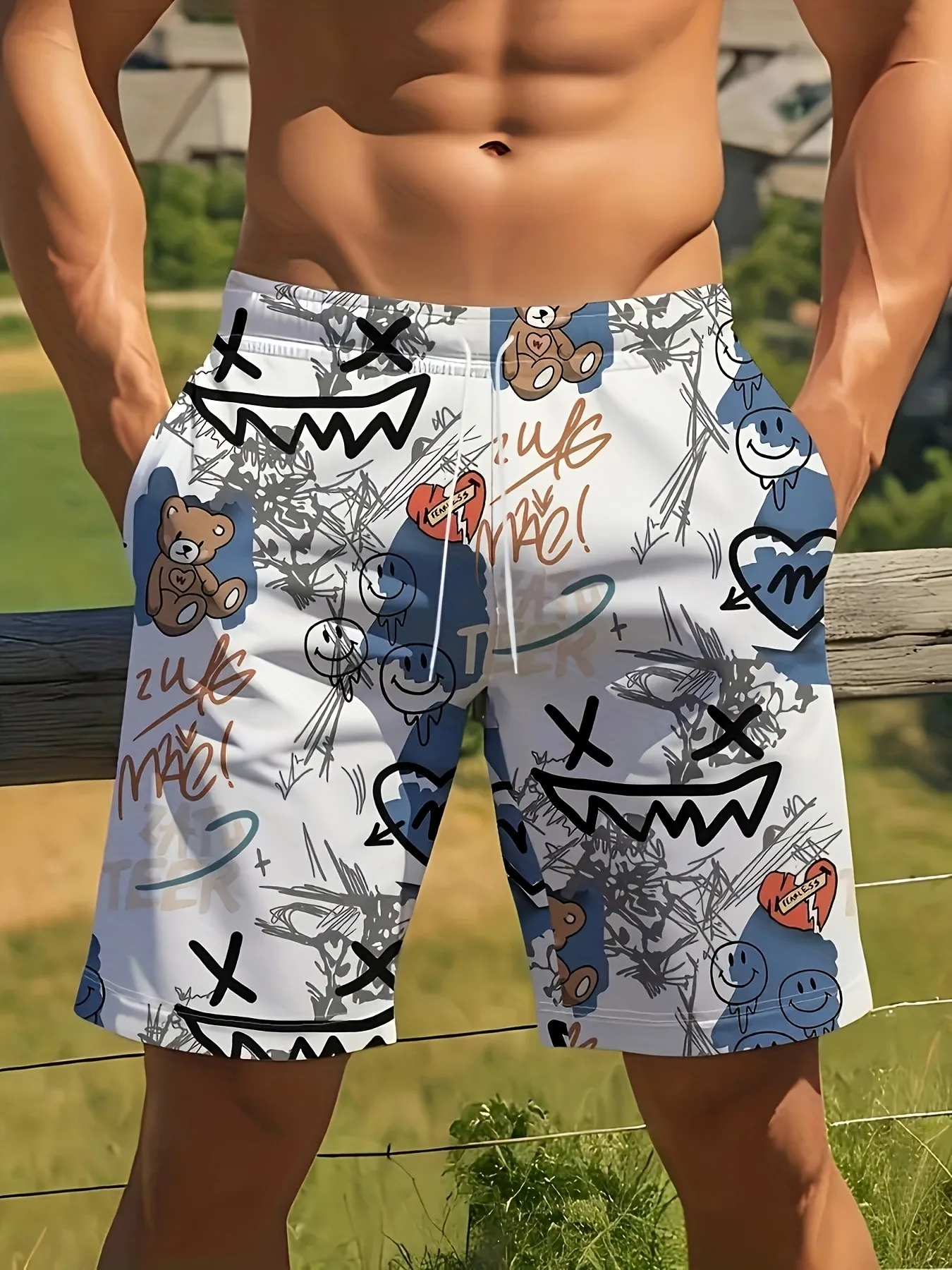 2026 Summer New Style Men's Shorts for Outdoor Sports, Casual Wear Fashionable Comfortable Soft 3D Bear Pattern Print