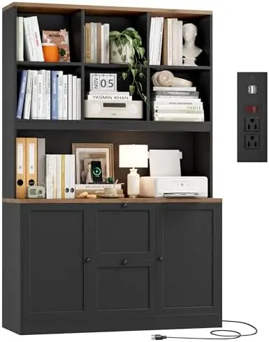 72'' Tall File Bookcase with Power Outlet & Printer Stand, 2 Drawer Filing Cabinets for Home Office Fit Hanging A4