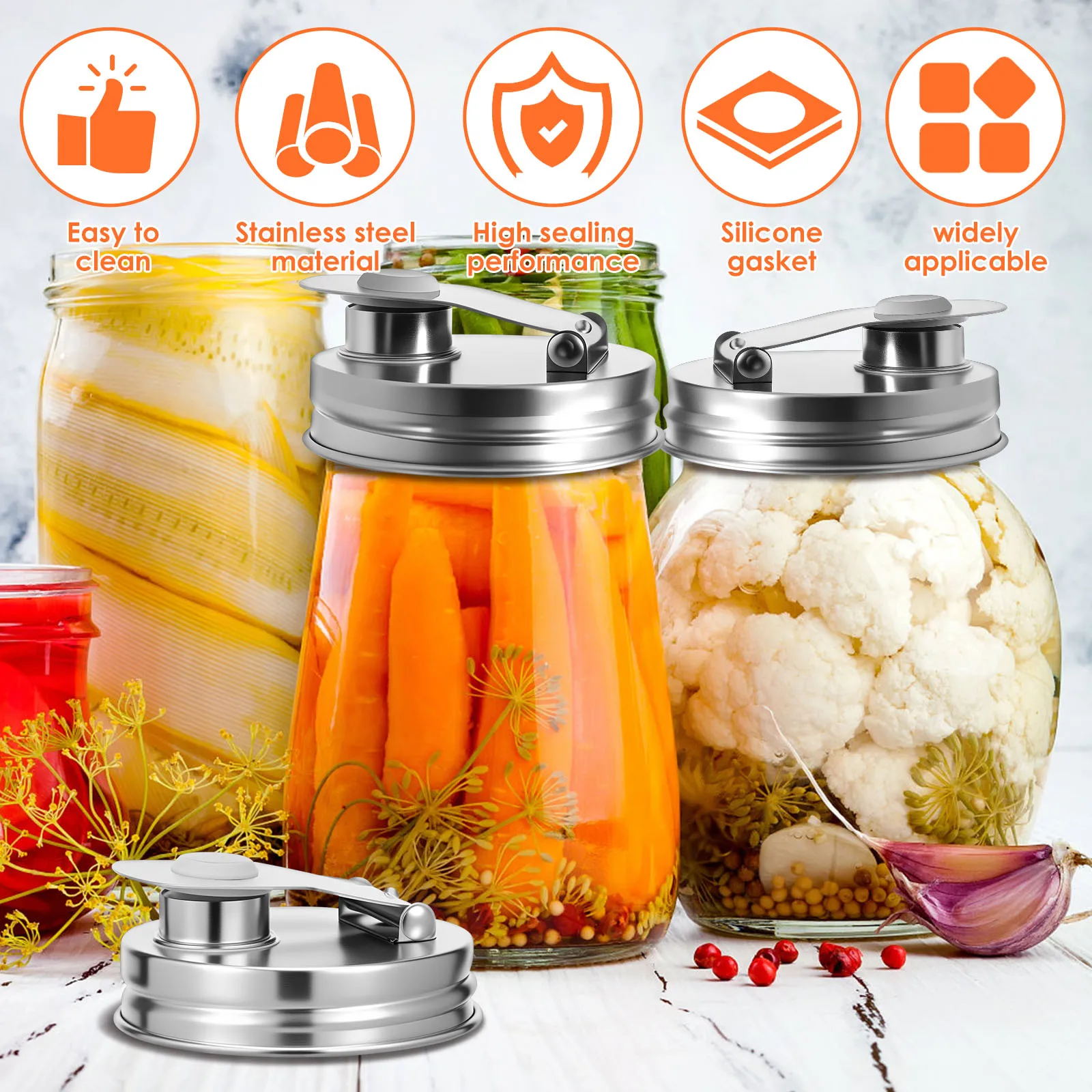 4Pcs Mason Can Lid 304 Stainless Steel Silicone Plug Nozzle Sealing Lid Dishwasher Safe for 2.76 Inch Wide Mouth Mason Jar
