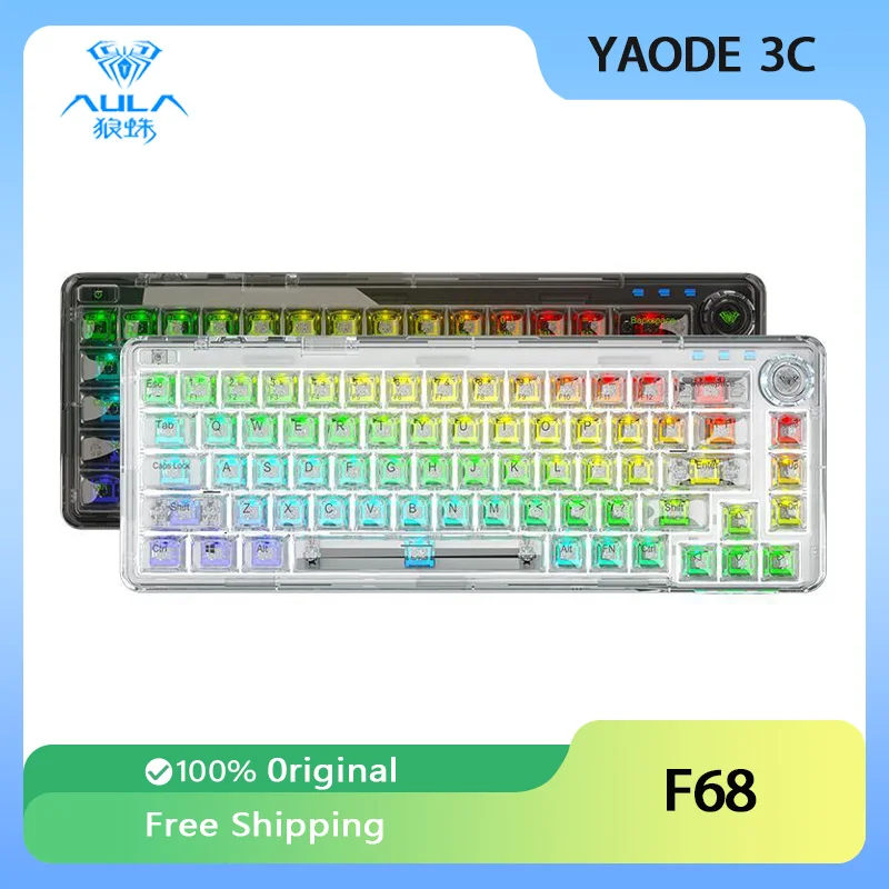 AULA F68 Transparent Mechanical Keyboard Customized Three Mode Multifunctional Knob RGB Hot Swap Office PC Gaming Keyboard