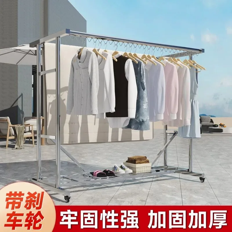 Movable Home Double Pole Clothes Drying Rack Thickened Stainless Steel Windproof Floor Standing Rack For Balcony Outdoor Drying 2