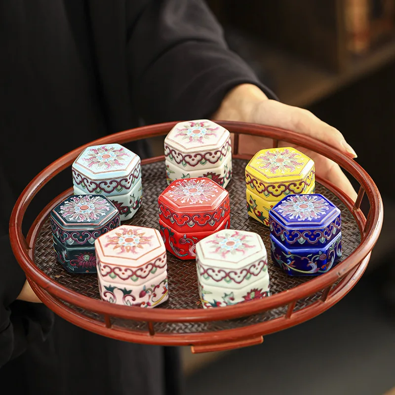 Enamel Mini Tea Jar with Painted Flowers Hexagonal Ceramic Storage Jar Moisture-Proof Sealed Jar Food Storage Container Decor