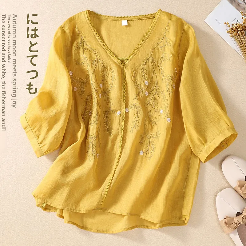 Dun geborduurd katoenen linnen T-shirt groot formaat dames plus maat kant patchwork vijf Sve V Ne onregelmatige linnen top