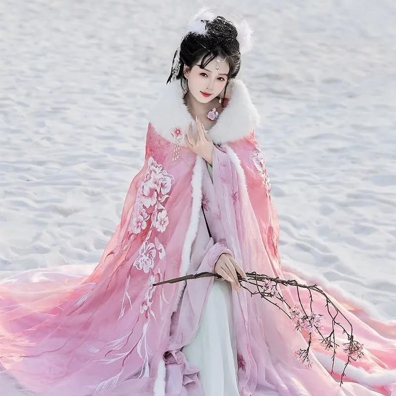 Pink&Red Hanfu Cloak Dress Women Xmas New Year Costume Ancient Chinese Vintage Embroidery Winter Hanfu Suit with Cloak Warm
