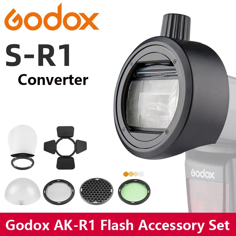 Godox AK-R1 S-R1 Barn Door Snoot Color Filter, Reflector, Honeycomb, Diffuser Ball Kits for Godox AD200 H200R V1 Flash Head