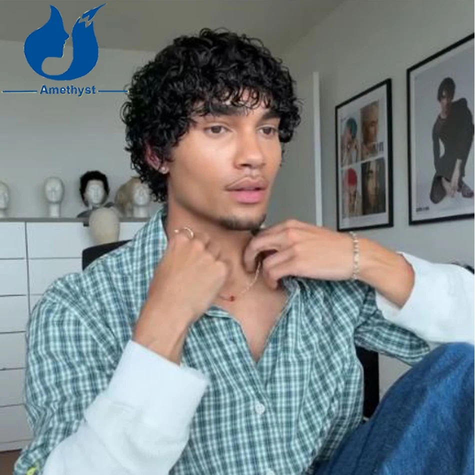 Amethyst Pre Style Short Curls Natural Black Human Hair Wig for Men Brazilian Remy Hair Full Lace Bleached Male Hair System