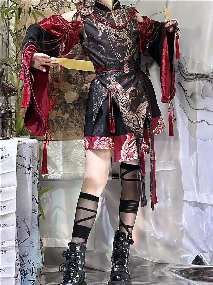 

New Chinese Style National Style Han Elements Improve Spring And Summer Tops Short Skirt Black Red Robe Suit Halloween Cosplay