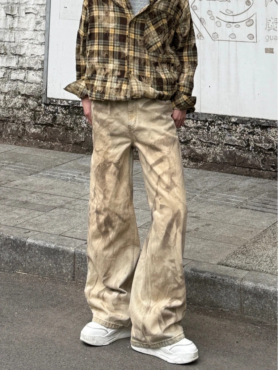 

Retro American Desert Sle Heavy Design Mud Dyeing Jeans Men's Loose Straight Leg Jeans Vintage Look Polyester Fiber