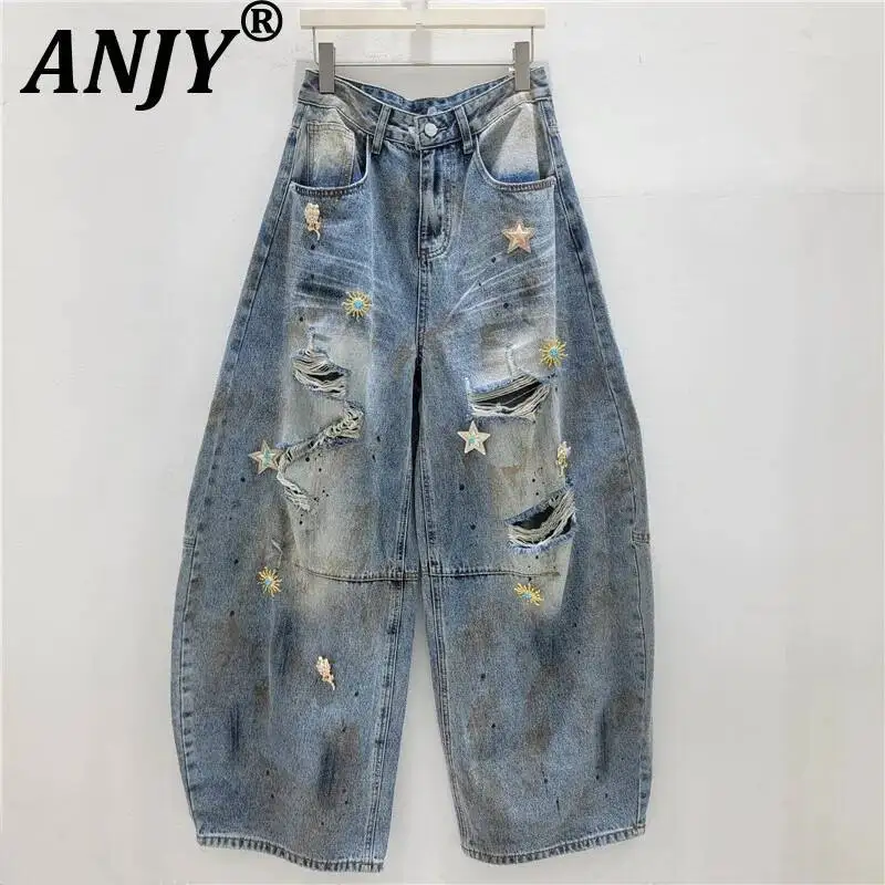 ANJY Spring Autumn New Women American Style Distressed Metal Decorated Ripped Jeans Loose Design Ins Wide-leg Denim Pants A25200