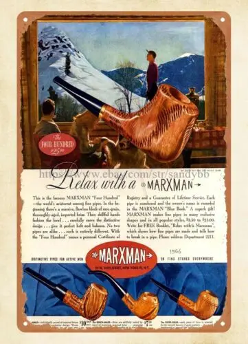 Relax with a Marxman Pipe 1946 tobacco hunting winter scene metal tin sign